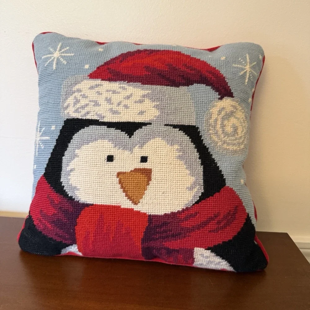 Needlepoint Penguin Christmas Holiday Pillow w/ Red Velvet Back 12
